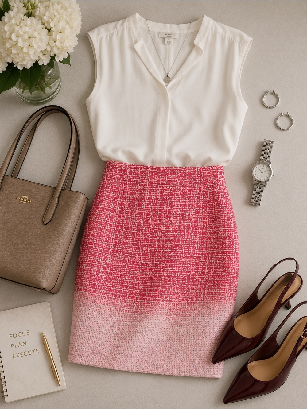 Antonio Melani Hot Pink & White Tweed Pencil Skirt